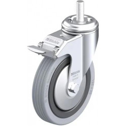 带螺栓孔配件的轻型万向脚轮, 配螺纹杆, 配制动系统 'stop-fix', 配实心橡胶轮胎的单轮,采用塑料轮辋, 配钢制防线盖