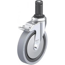 带螺栓孔配件的轻型万向脚轮, 配金属扩展器, 配制动系统 'stop-fix', 配实心橡胶轮胎的单轮，采用塑料轮辋, 配钢制防线盖