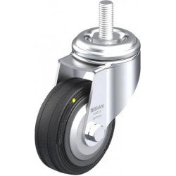 带螺栓孔配件的轻型万向脚轮, 配螺纹杆, 配实心橡胶轮胎的单轮，采用塑料轮辋, 配钢制防线盖, 导电