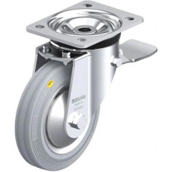 钢板压制万向脚轮, 重型负载设计, 配制动系统 'stop-top', 配 'Blickle Comfort' 双层物料实心橡胶轮胎的单轮, 配钢板压制轮辋, 无痕, 灰色, 配钢制防线盖