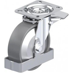 钢板压制万向脚轮, 中型负载设计, 带顶板配件, 配制动系统 'stop-top', 和钢制脚挡, 尼龙轮, 配塑料防线盖, 小, 配钢制防线盖, 导电, 无痕