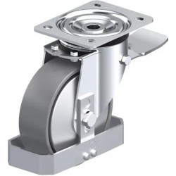 钢板压制万向脚轮, 中型负载设计, 带顶板配件, 配制动系统 'stop-top', 和钢制脚挡, 尼龙轮, 配钢制防线盖, 导电, 无痕