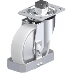 钢板压制万向脚轮, 中型负载设计, 带顶板配件, 配中央制动系统 'central-stop', 和钢制脚挡, 尼龙轮, 配钢制防线盖