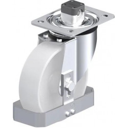 钢板压制万向脚轮, 中型负载设计, 带顶板配件, 配中央制动系统 'central-stop', 和钢制脚挡, 尼龙轮