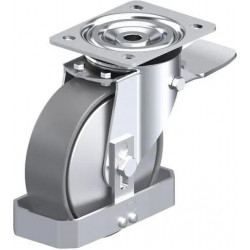 钢板压制万向脚轮, 中型负载设计, 带顶板配件, 配制动系统 'stop-top', 和钢制脚挡, 尼龙轮, 配钢制防线盖, 导电, 无痕