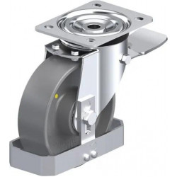 钢板压制万向脚轮, 中型负载设计, 带顶板配件, 配制动系统 'stop-top', 和钢制脚挡, 尼龙轮, 导电, 无痕