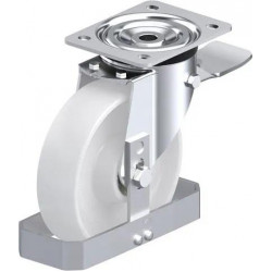 钢板压制万向脚轮, 中型负载设计, 带顶板配件, 配制动系统 'stop-top', 和钢制脚挡, 尼龙轮