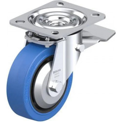 钢板压制万向脚轮, 中型负载设计, 带顶板配件, 配制动系统 'stop-top', 配 'Blickle EasyRoll' 弹性实心橡胶轮胎的重型单轮, 配尼龙轮芯, 无痕, 蓝色, 配钢制防线盖