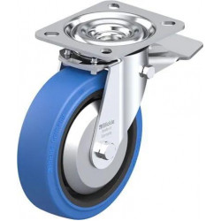 钢板压制万向脚轮, 中型负载设计, 带顶板配件, 配制动系统 'stop-top', 配 'Blickle EasyRoll' 弹性实心橡胶轮胎的重型单轮, 配尼龙轮芯, 无痕, 蓝色, 配塑料防线盖, 小, 配钢制防线盖