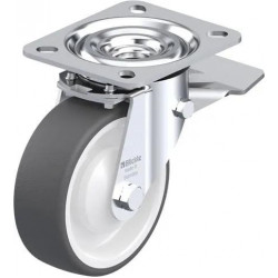 钢板压制万向脚轮, 中型负载设计, 带顶板配件, 配制动系统 'stop-top', 配热塑性聚氨酯胎面的单轮, 配重型尼龙轮芯, 配塑料防线盖, 小