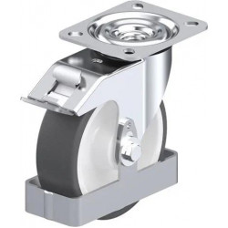 钢板压制万向脚轮, 中型负载设计, 带顶板配件, 配制动系统 'stop-fix', 和钢制脚挡, 配热塑性聚氨酯胎面的单轮, 配重型尼龙轮芯