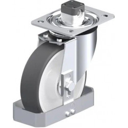 钢板压制万向脚轮, 中型负载设计, 带顶板配件, 配中央制动系统 'central-stop', 和钢制脚挡, 配热塑性聚氨酯胎面的单轮, 配重型尼龙轮芯