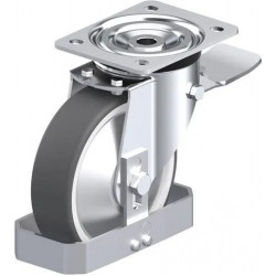 钢板压制万向脚轮, 中型负载设计, 带顶板配件, 配制动系统 'stop-top', 和钢制脚挡, 配热塑性聚氨酯胎面的单轮, 配重型尼龙轮芯, 配钢制防线盖