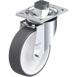 钢板压制万向脚轮, 中型负载设计, 带顶板配件, 配中央制动系统 'central-stop', 配热塑性聚氨酯胎面的单轮, 配重型尼龙轮芯