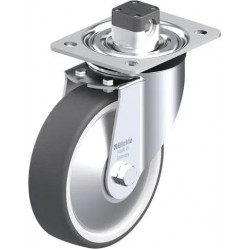 钢板压制万向脚轮, 中型负载设计, 带顶板配件, 配中央制动系统 'central-stop', 配热塑性聚氨酯胎面的单轮, 配重型尼龙轮芯, 配钢制防线盖