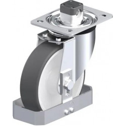 钢板压制万向脚轮, 中型负载设计, 带顶板配件, 配中央制动系统 'central-stop', 和钢制脚挡, 配热塑性聚氨酯胎面的单轮, 配重型尼龙轮芯