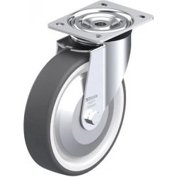 钢板压制万向脚轮, 中型负载设计, 带顶板配件, 配热塑性聚氨酯胎面的单轮, 配重型尼龙轮芯, 配钢制防线盖