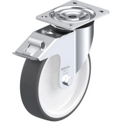 钢板压制万向脚轮, 中型负载设计, 带顶板配件, 配制动系统 'stop-fix', 配热塑性聚氨酯胎面的单轮, 配重型尼龙轮芯