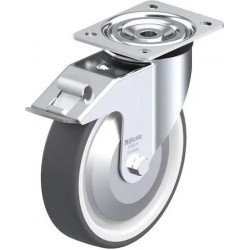 钢板压制万向脚轮, 中型负载设计, 带顶板配件, 配制动系统 'stop-fix', 配热塑性聚氨酯胎面的单轮, 配重型尼龙轮芯, 配钢制防线盖