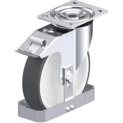 钢板压制万向脚轮, 中型负载设计, 带顶板配件, 配制动系统 'stop-fix', 和钢制脚挡, 配热塑性聚氨酯胎面的单轮, 配重型尼龙轮芯