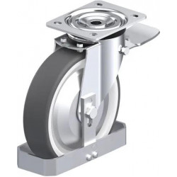 钢板压制万向脚轮, 中型负载设计, 带顶板配件, 配制动系统 'stop-top', 和钢制脚挡, 配热塑性聚氨酯胎面的单轮, 配重型尼龙轮芯, 配钢制防线盖