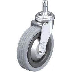 带螺栓孔配件的轻型万向脚轮, 配插杆, 配实心橡胶轮胎的单轮，采用塑料轮辋, 配钢制防线盖