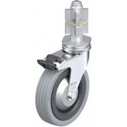 带螺栓孔配件的轻型万向脚轮, 配金属扩展器, 配制动系统 'stop-fix', 配实心橡胶轮胎的单轮，采用塑料轮辋, 配钢制防线盖