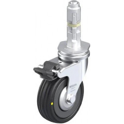 带螺栓孔配件的轻型万向脚轮, 配金属扩展器, 配制动系统 'stop-fix', 配实心橡胶轮胎的单轮,采用塑料轮辋, 配钢制防线盖, 导电