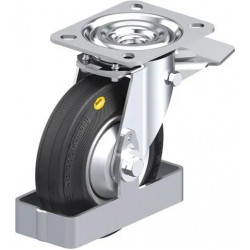 钢板压制万向脚轮, 中型负载设计, 带顶板配件, 配制动系统 'stop-top', 和钢制脚挡, 配 'Blickle Comfort' 双层物料实心橡胶轮胎的单轮, 配钢板压制轮辋, 配钢制防线盖