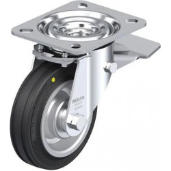 钢板压制万向脚轮, 中型负载设计, 带顶板配件, 配制动系统 'stop-top', 配标准实心橡胶轮胎的单轮, 配钢板压制轮辋, 增强型设计, 导电