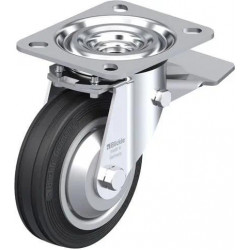 钢板压制万向脚轮, 中型负载设计, 带顶板配件, 配制动系统 'stop-top', 配标准实心橡胶轮胎的单轮, 配钢板压制轮辋, 增强型设计, 配钢制防线盖