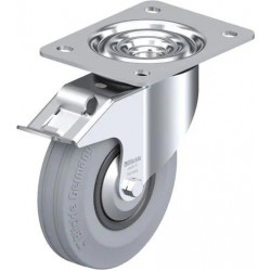 钢板压制万向脚轮, 中型负载设计, 带顶板配件, 配制动系统 'stop-fix', 配标准实心橡胶轮胎的单轮, 配塑料轮辋, 无痕, 灰色, 配钢制防线盖