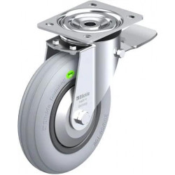 钢板压制万向脚轮, 中型负载设计, 带顶板配件, 配制动系统 'stop-top', 配 'Blickle Soft' 软橡胶轮胎的单轮, 配塑料轮辋, 无痕, 灰色, 配钢制防线盖